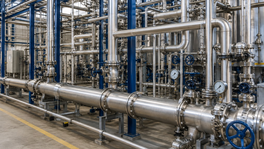 Instalación industrial de piping en acero inoxidable