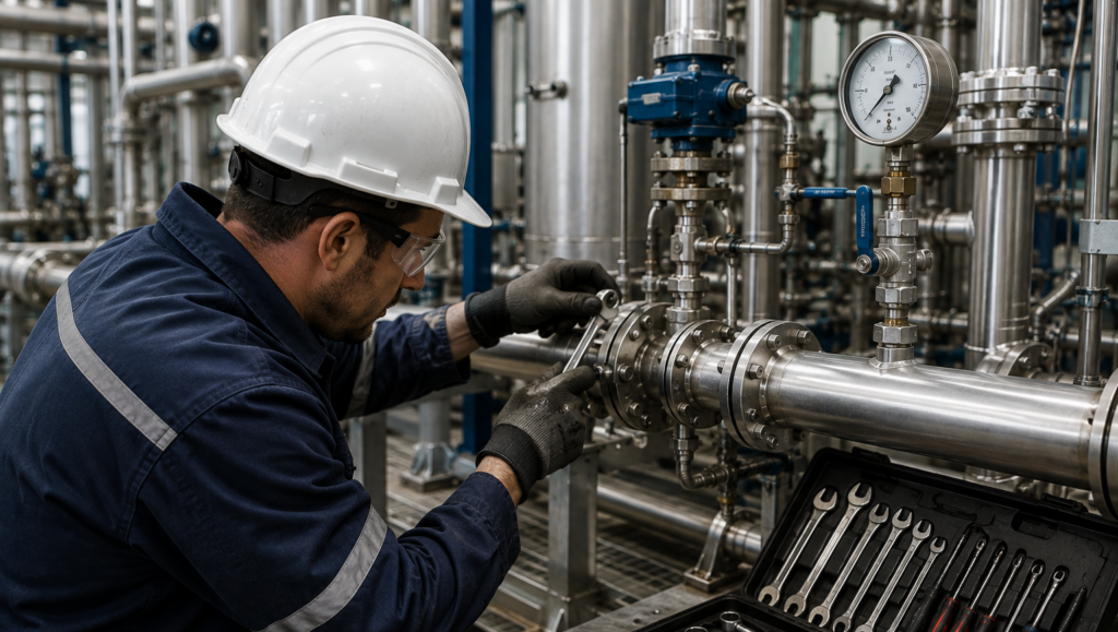 Técnico realizando mantenimiento de una instalación industrial